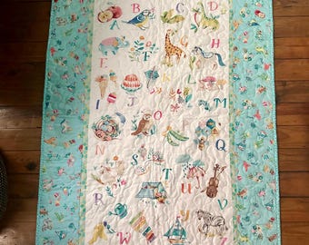 Handmade ABC Baby Quilt: Gender Neutral Alphabet Nursery Bedding