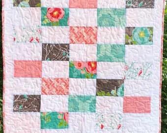 Handmade Baby Girl Quilt: Pink Aqua Cottage Garden Stroller Quilt
