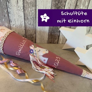 Schultüte Einhorn mit Namen aus Stoff und Regenbogen altrosa Einhornschultüte
