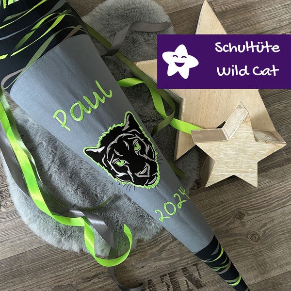 personalisierte Panther Schultüte mit Namen schwarz grün zu Step by Step Wild Cat Chiko aus Stoff