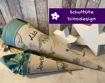 School cone with name Dinosaur Dino personalized made of fabric beige old green