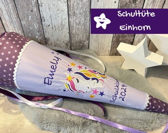 Cono escolar con nombre unicornio morado lila cono escolar unicornio personalizado hecho de tela estrellas bolsa de azúcar