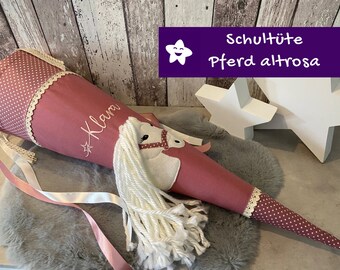 Schultüte mit Namen Pferd Wollmähne Pferdekopf  personalisiert aus Stoff altrosa Punkte