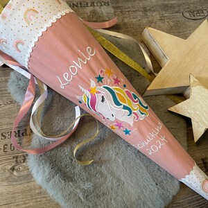 School cone with name unicorn rainbow old pink unicorn school cone personalized made of fabric stars sugar bag image 2