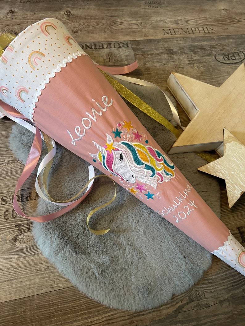 School cone with name unicorn rainbow old pink unicorn school cone personalized made of fabric stars sugar bag image 2