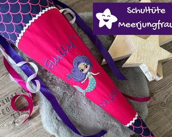 Schultüte mit Namen Meerjungfrau passend zu Ergobag  perlentauchbär personalisiert aus Stoff lila magenta pink