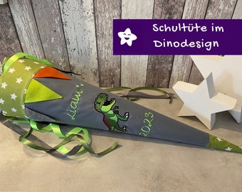 Cono escolar con nombre dinosaurio Dino personalizado de tela estrellas verde gris