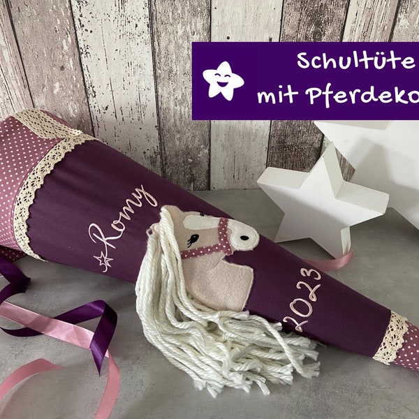 Schultüte mit Namen Pferd Pferdekopf mit Wollmähne Beere lila altrosa personalisiert aus Stoff