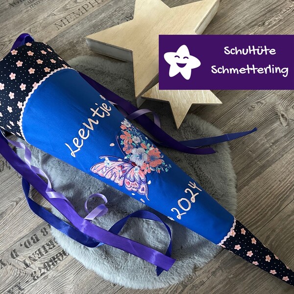 Schultüte mit Namen Schmetterling blau lila Flieder zu Step by Step butterfly Maja  personalisiert aus Stoff