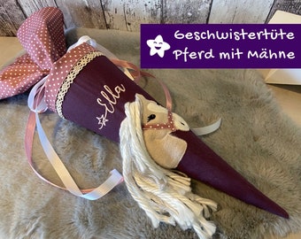 Geschwisterschultüte mit Namen Pferd altrosa lila Geschwistertüte personalisiert aus Stoff