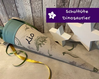 Mochila escolar con nombre Dinosaurio Dino personalizada en tela beige verde viejo