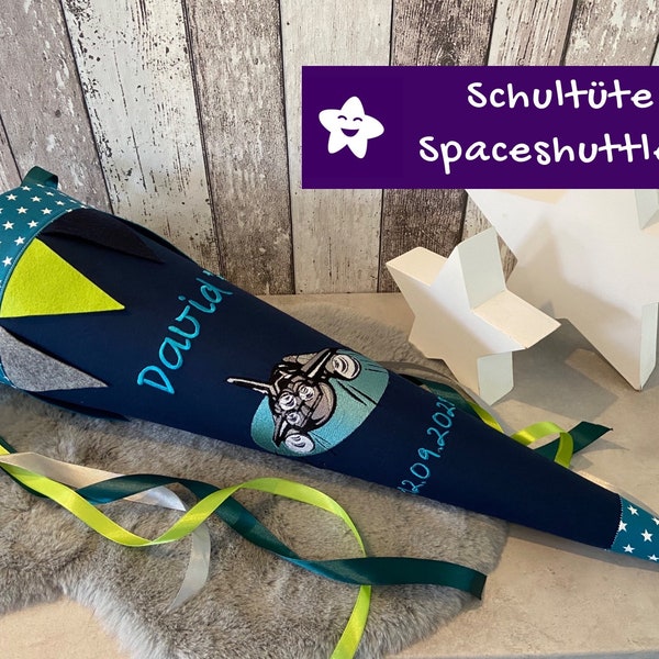 School cone with the name space travel space shuttle personalized made of petrol blue fabric