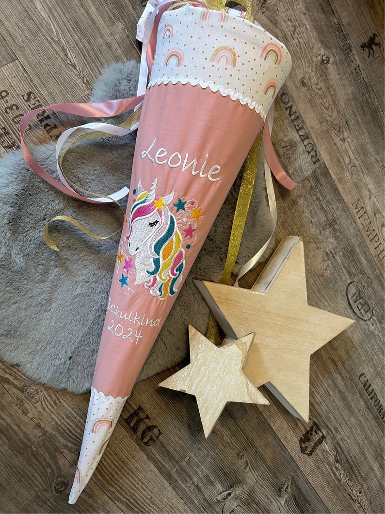 School cone with name unicorn rainbow old pink unicorn school cone personalized made of fabric stars sugar bag image 3