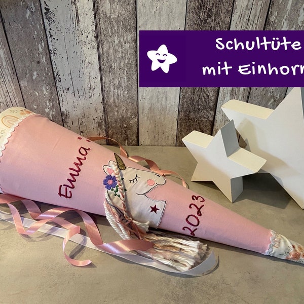 Schultüte mit Namen Einhorn Regenbogen rosa  Einhornschultüte personalisiert aus Stoff Regenbogem