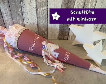 personalized school cone made of fabric with name and unicorn rainbow old pink unicorn school cone stars