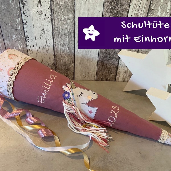 Schultüte mit Namen Einhorn Regenbogen altrosa  Einhornschultüte personalisiert aus Stoff Sterne