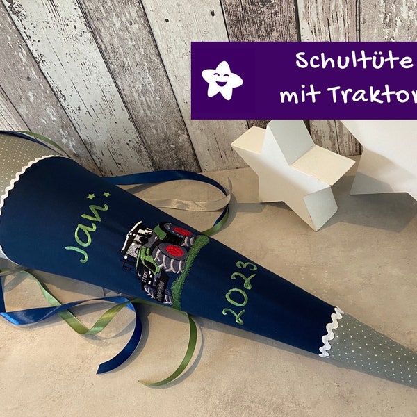 Schultüte mit Namen Traktor Trecker Fendt personalisiert aus Stoff grün blau