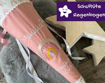 Schultüte mit Namen Regenbogen altrosa Regenbogenschultüte personalisiert aus Stoff Sterne