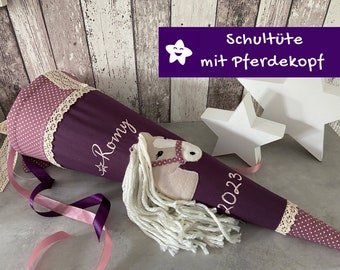 Mochila escolar con nombre caballo lana melena cabeza de caballo beige personalizado hecho de tela violeta rosa