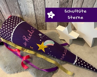 School cone with name stars shooting star purple personalized made of fabric