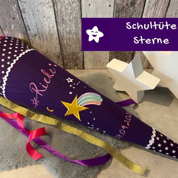 Schultüte mit Namen Sterne Sternschnuppe lila personalisiert aus Stoff