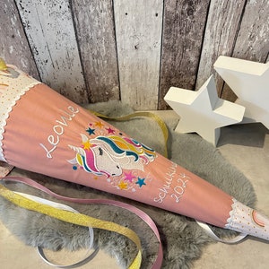 School cone with name unicorn rainbow old pink unicorn school cone personalized made of fabric stars sugar bag image 5