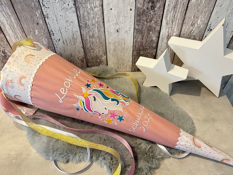 School cone with name unicorn rainbow old pink unicorn school cone personalized made of fabric stars sugar bag image 5