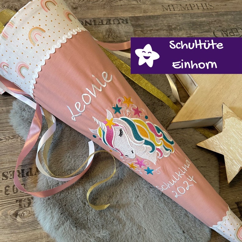 School cone with name unicorn rainbow old pink unicorn school cone personalized made of fabric stars sugar bag image 1