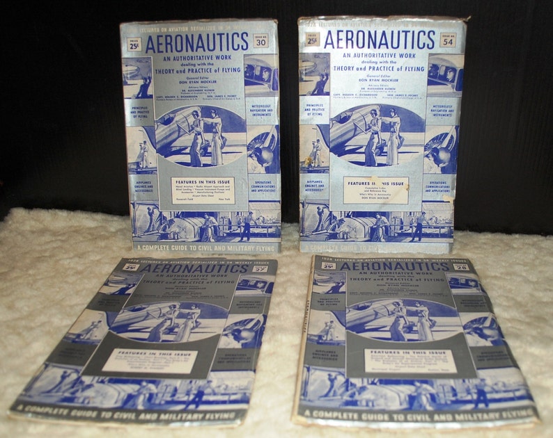 May include: Four vintage copies of "Aeronautics: An Authoritative Work Dealing with the Theory and Practice of Flying" magazines. The covers feature blue and white illustrations of airplanes and people.