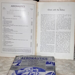 May include: A vintage magazine cover for Aeronautics, a weekly publication about aviation. The cover features a blue and white illustration of an airplane in flight. The magazine title is in bold, red letters and the text "An Authoritative Work dealing with the Theory and Practice of Flying" is printed below the title.