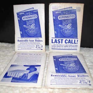 May include: Four vintage magazine covers for "Aeronautics" magazine. The covers feature a blue and white illustration of an airplane. The text on the covers reads "Aeronautics" and "Removable-Issue Binders" with the price "2 for $1".