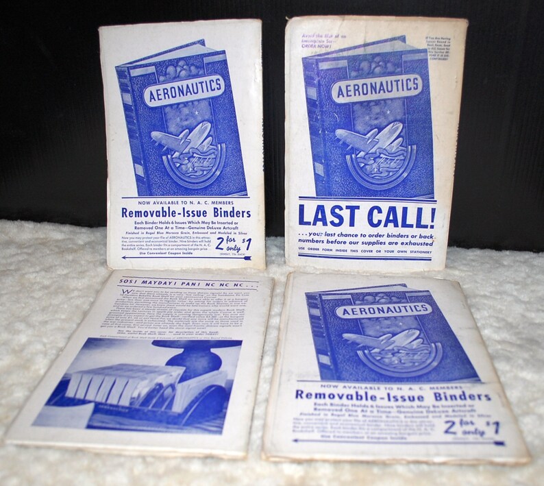 May include: Four vintage magazine covers for "Aeronautics" magazine. The covers feature a blue and white illustration of an airplane. The text on the covers reads "Aeronautics" and "Removable-Issue Binders" with the price "2 for $1".