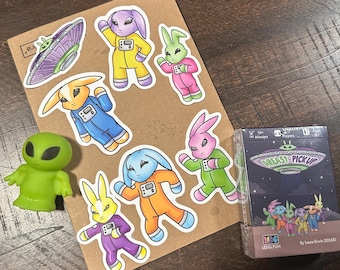 Area 51 Pick Up Bunny Alien Sticker Set, in White and Holographic 3 inch, Set of 7 Stickers