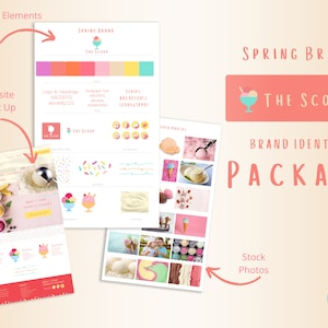 以下が含まれることがあります： アイスクリームを販売する「The Scoop」という会社のブランドアイデンティティパッケージ。パッケージには、ウェブサイトのモックアップ、ブランド要素、ストック写真が含まれています。ブランドカラーはピンク、イエロー、ブルー、グリーンです。