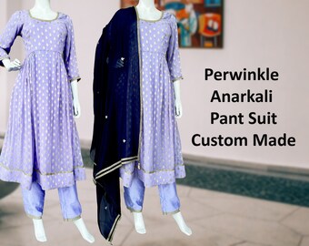 Periwinkle Georgette Anarkali Pant Suit, Chanderi Punjabi Pant Suit, Bridesmaids, Partywear, Straight Pant  Suit, Handmade, Wedding wear