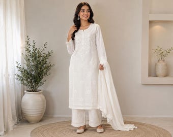 White Chanderi Embroidered Pant Suit with Dupatta | 3 Piece Set | Lukhnawi Suit , Casual Wear,  Family Functions