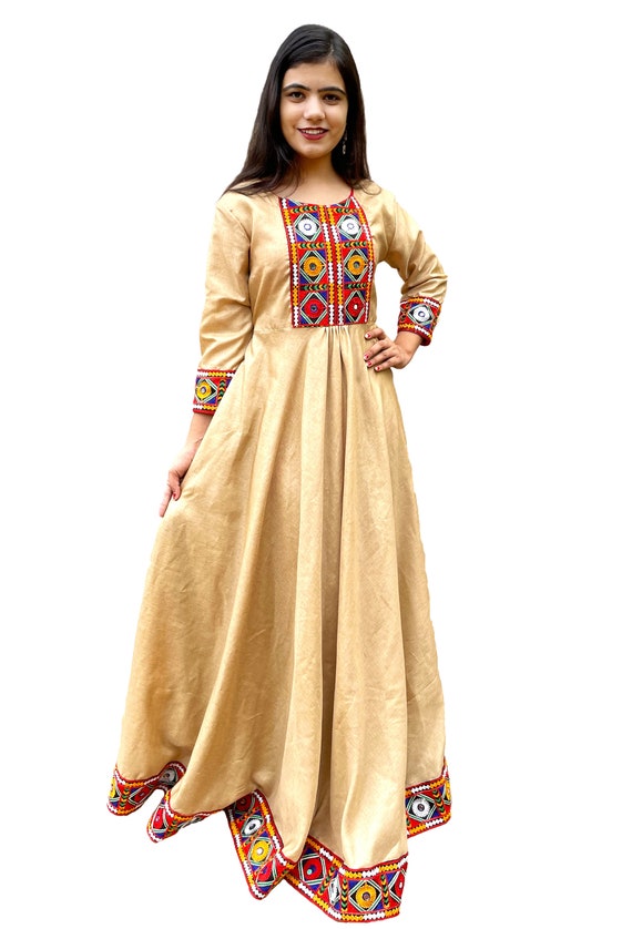 Beige & Maroon Color, Multicolor Embroidered Gujarati Borders, Maxi Gown, Fit and Flare Floor Length Long Dress with Dupatta ACD21373