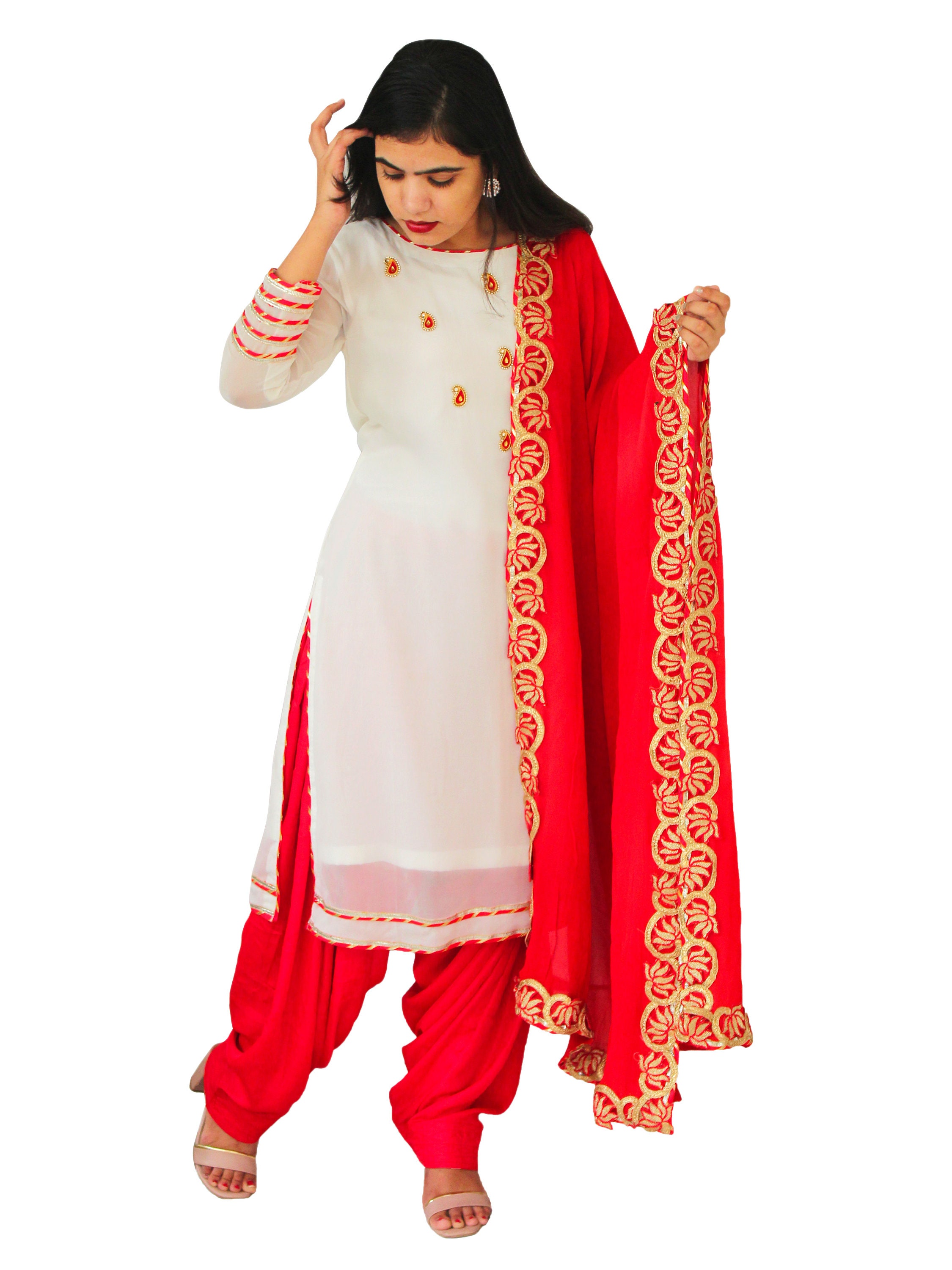 White Woven Design Kurta with Churidar & Dupatta - Absolutely Desi