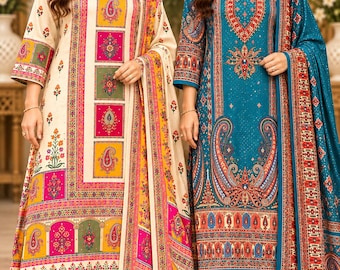 Crepe Silk Printed Kurta Pant Set with Dupatta, Embellished Paisley Indian Suit, Women’s Festive Ethnic Wear
