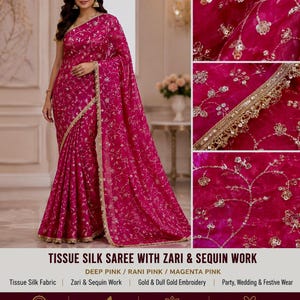 May include: A deep magenta pink tissue silk saree featuring intricate gold zari and sequin embroidery throughout the fabric. The garment includes a decorative gold border with scalloped edges and delicate floral patterns across the entire surface.