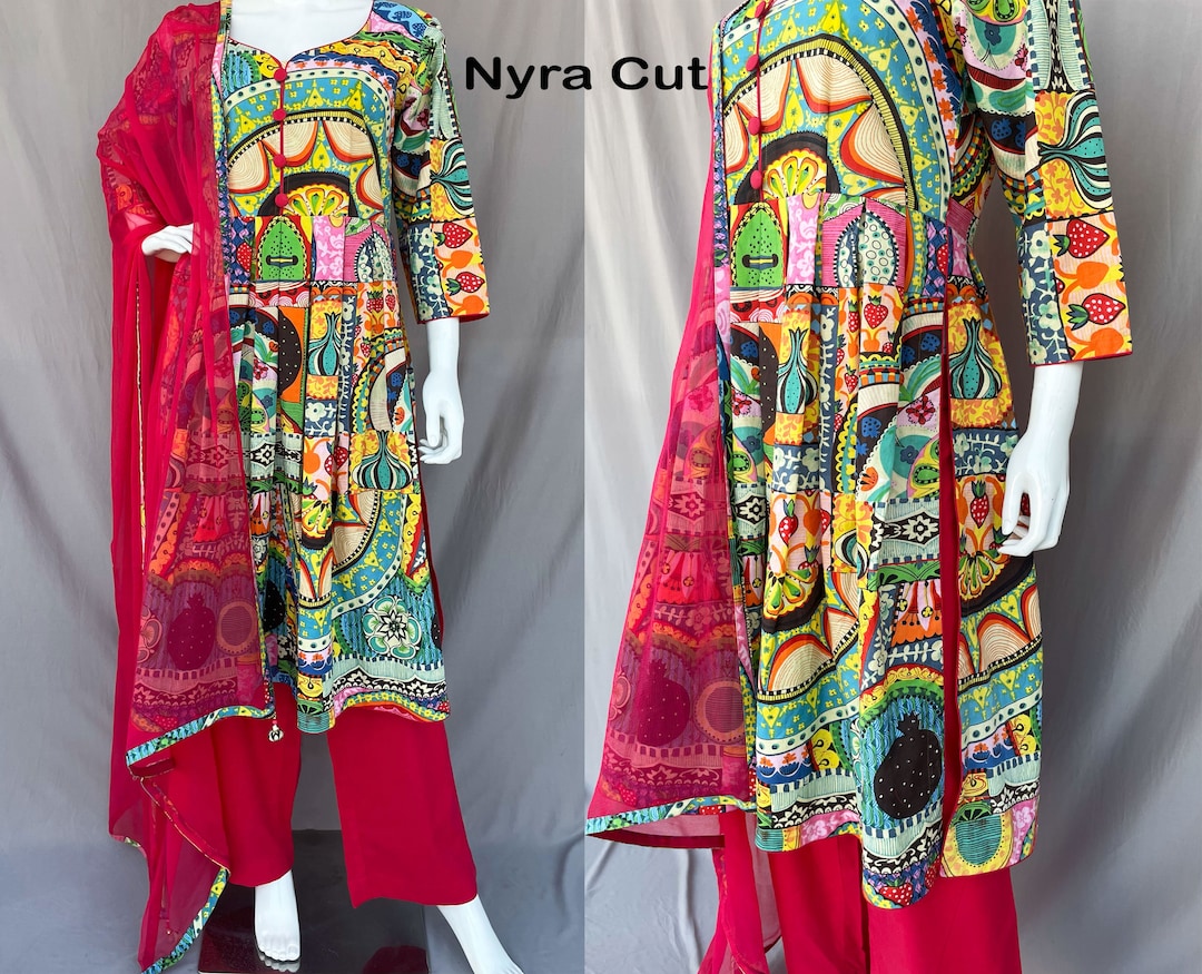 Pink Multicolor Nyra Cut Suit, Indian Pant Suit, Flared Kurta With Pant