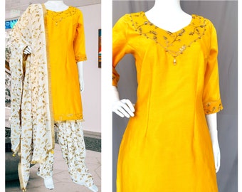 Yellow White Punjabi Patiala Salwar Suit, Pure Silk Embroidered Suit, Golden Zari Work, Pooja, Navratri, Salwar Suit, Pure Georgette, Custom