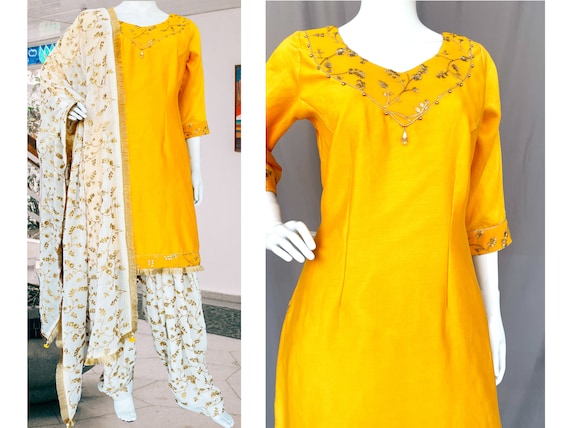 White Punjabi salwar suit with printed Dupatta | Punjabi dress design,  Embroidery suits design, Embroidery suits