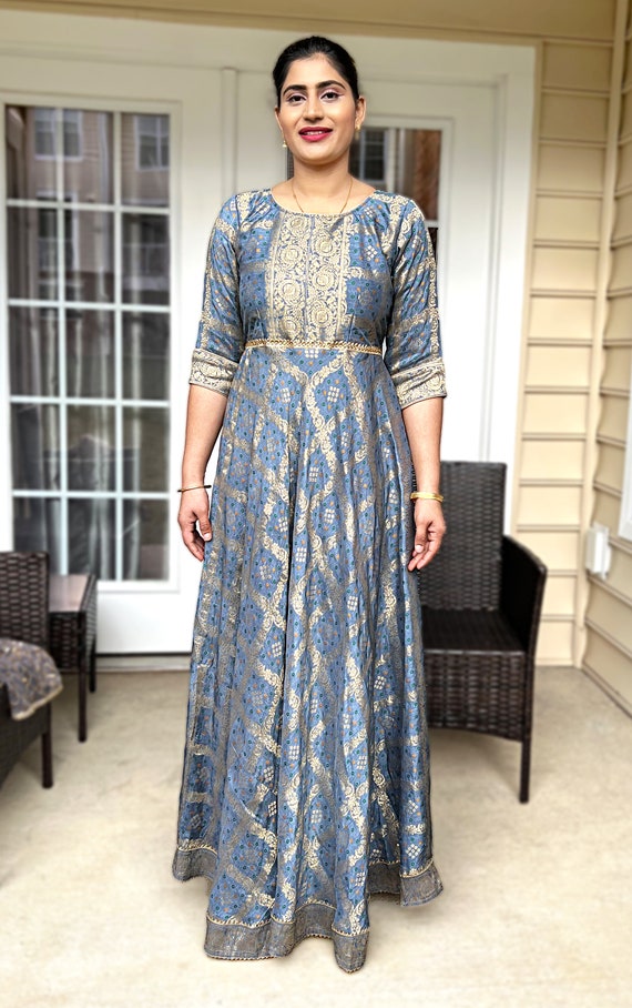 Blue Pure Silk Zari Weaving Banarasi Pattu Gown Net With Zari Weaving –  garment villa