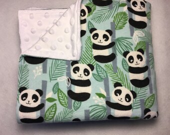 Panda Bears Flannel Baby Blanket on Mint Green