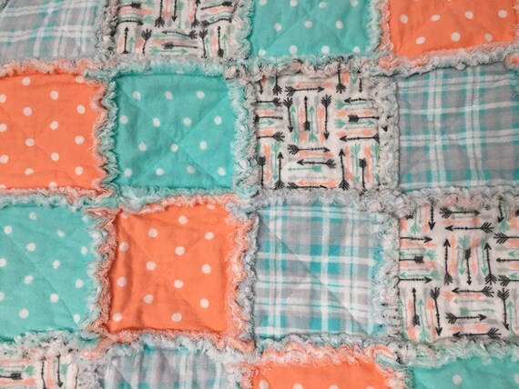 35 x 35 purple aqua blue polka dot hearts Flannel blanket Baby rag quilt Teddy bear angels shower gift 3 layers of top quality flannel