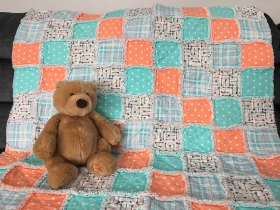35 x 35 purple aqua blue polka dot hearts Flannel blanket Baby rag quilt Teddy bear angels shower gift 3 layers of top quality flannel