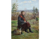ANTIQUE ORIGINAL Oil PAINTING quot Forester 39 s daughter quot by Soviet artist A.Puzyrevich 1952 Girl in the forest, Woman painting, Socialist Realism
