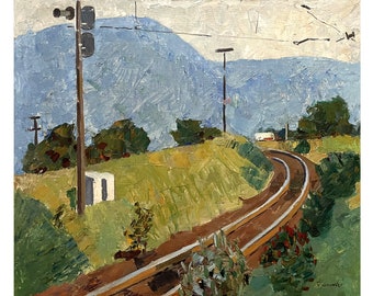 Vintage Original Ölgemälde auf Leinwand von einem ukrainischen Künstler G.Shponko, 1970er Jahre, Wandkunstwerk, Eisenbahn in den Bergen, Landschaftsmalerei