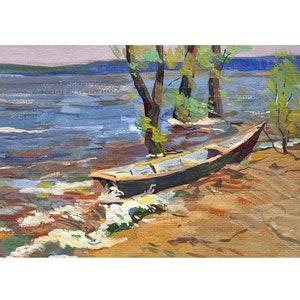 Impressionist vintage original oil painting River landscape by Ukraine artist D.Bednoshey, 1970s, Riverscape, Trees on the river bank, Boat